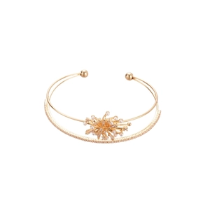 Elegant gold double-layered open cuff bracelet with pearl and zircon firework ornament