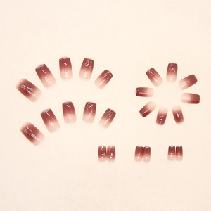 Square gradient burgundy and pink press-on nails with silver glitter finish 24pcs set