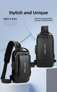 Detail of men's chest bag showing anti-theft combination lock and USB charging port