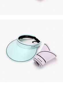 Foldable ice silk sun visor hats in mint green and pink showing portable rolled design