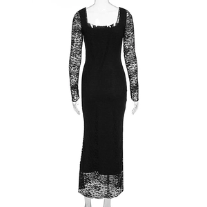Detailed view of the sheer floral lace sleeves and hem on a slim fit black maxi dress
