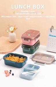 Close-up of double-layer lunch box with leak-proof compartments and utensils