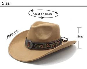 Detailed size chart for Western cowboy hat with crown height and brim width dimensions