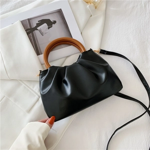 Women Fashion Pleated Shoulder Bag With Round Wood Handle PU Leather Ruched Cloud Pouch Crossbody Handbag For Daily Street Chic