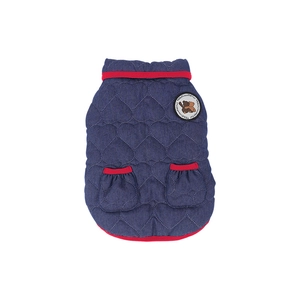 Denim dog vest with heart quilting, doll collar, and red trim for pet warmth