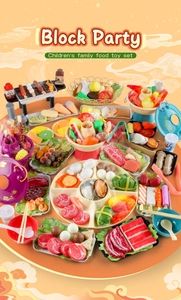 Detailed overhead shot of colorful toy hot pot play set with realistic food miniatures