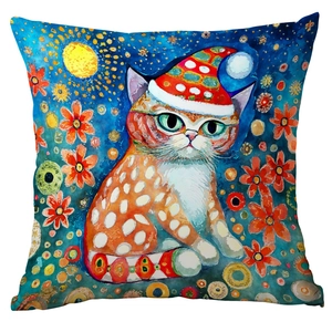 Christmas watercolor cat throw pillow cover with artistic floral pattern on orange fabric