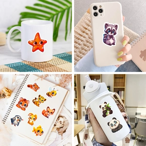 Waterproof cartoon animal stickers showing DIY decor on mugs and phone cases