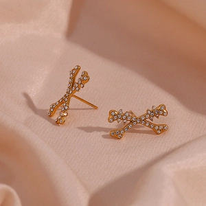 Stainless Steel Bone Stud Earrings Gold X Shape Rhinestone Inlay Halloween Fashion Jewelry For Women