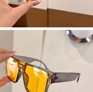 Detail of yellow rectangular lenses and transparent gray frame with FENG lettering