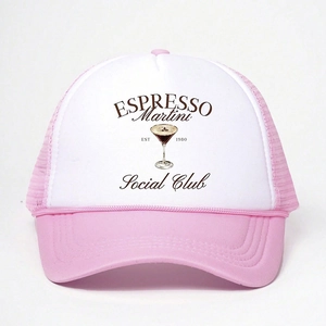 Pink and white ESPRESSO Martini Social Club trucker hat with mesh back and adjustable strap