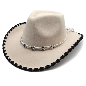 Off-white wool felt fedora hat with black stitched edge and evil eye bead band
