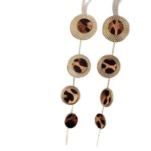 Dramatic layered leopard print leopard leather drop earrings with textured gold-tone metal borders