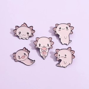 Set of five cute pink cartoon axolotl enamel pins in various playful poses and shapes