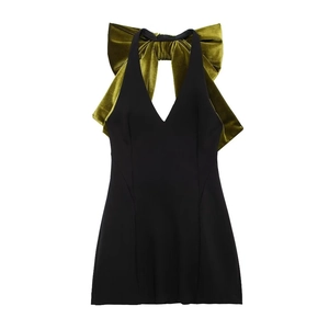 Robe Courte Dos Nu Noire Sexy Avec Décolleté En V Profond Et Grand Nœud En Velours Vert Olive Pour Femme Fête