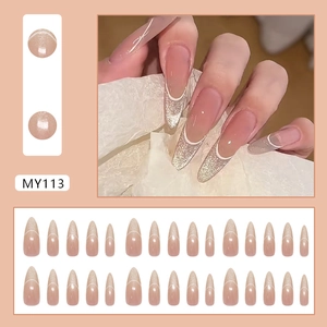Almond-shaped cat eye press-on nails with white French lines and pink gradient