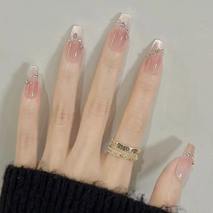 Pink Gradient Cat Eye Press On Nails Long Coffin Artificial Nails With Shimmer Rhinestones ABS Plastic