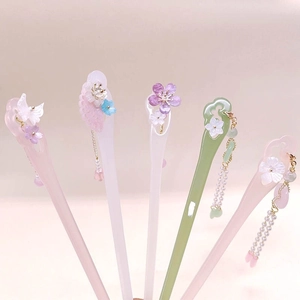 Acetate Flower Hair Stick With Long Tassel Traditional Chinese Style Resin Faux Artificial Pearl Hair Fork For Women Hanfu Jewelry