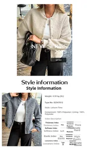 Detail view of polyester buttoned jacket with ribbed cuffs and size weight parameters