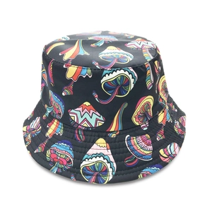 Detailed view of colorful psychedelic mushroom print on black polyester bucket hat
