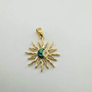 Gold celestial pendant with iridescent abalone shell featuring sun, moon, and star motifs