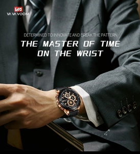 Close-up of a men's sports watch with black leather strap on a model's wrist