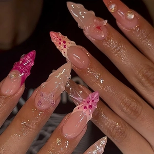 Ongles À Presser Papillon 3D Dégradé Künstliche Perle Strass Style Français Amande Longue Faux Ongles Artificiels Femmes