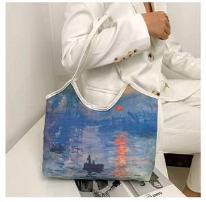 Artistic oil painting tote bag featuring Monet's Impression Sunrise on canvas