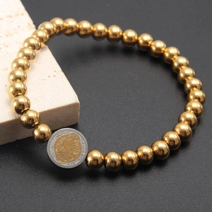 18K Gold Plated Stainless Steel Beaded Bracelet With St Benedict Medal Vintage Religious Coin Pendant Bracelet For Women