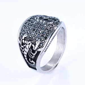 Close-up of vintage scorpion ring with black zircon in antique silver finish