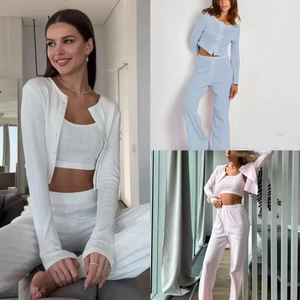 Women Loungewear Ribbed Knit Cardigan Camisole And Wide Leg Pants Casual Home Sleepwear Cozy Outfits
