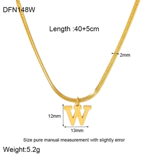 Detail view of 18K gold plated snake chain necklace with letter W pendant measurements