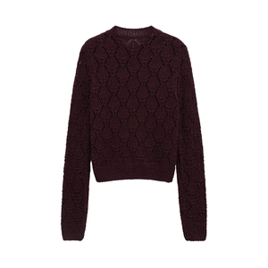 Deep purple hollow-out knit cardigan with geometric diamond patterns and ribbed cuffs