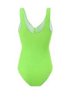 Vue détaillée d'un maillot de bain vert néon texturé gaufre avec un dos nu en U profond
