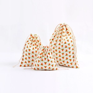 Three-piece cotton linen drawstring storage bag set with watermelon print patterns