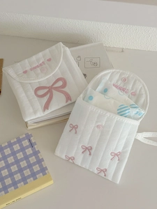 Quilted white cotton sanitary pad storage bags with pink bow and sweet embroidery