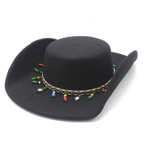 Wide Brim Cowboy Hat Felt Western Fedora With Ethnic Woven Band And Colorful Beads Bohemian Style Retro