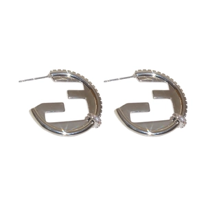 Elegant silver-toned letter F stud earrings featuring hollow design and zircon inlay
