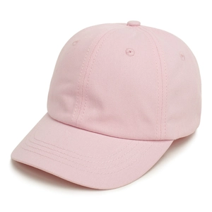 Close-up of pink six-panel cotton baseball cap with breathable eyelets and curved brim