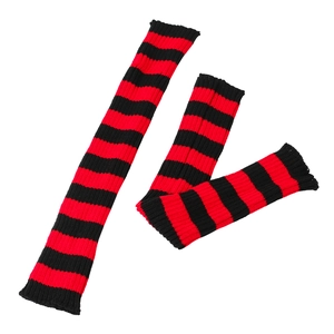 Detail view of red and black striped knit leg warmers showing soft wool texture and ribbing