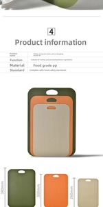 Detailed size chart of three color-coded PP cutting boards for meat and fruit