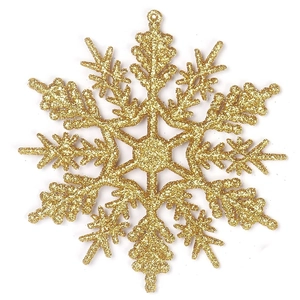 Close-up of a 10cm gold glitter snowflake ornament with hanging hole for Christmas trees