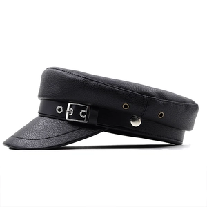 Classic black PU leather newsboy cap with metal buckle and breathable side eyelets