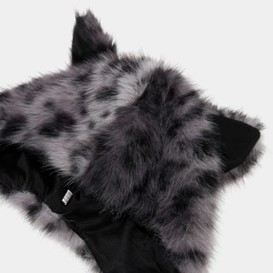 Plush leopard print winter earflap hat with long faux fur texture and black lining