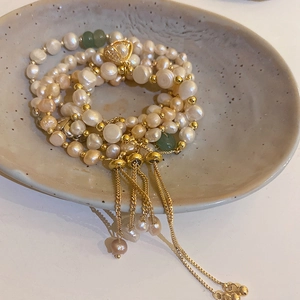 Elegant multi-layer gold plated bracelet with freshwater pearls and green jade beads