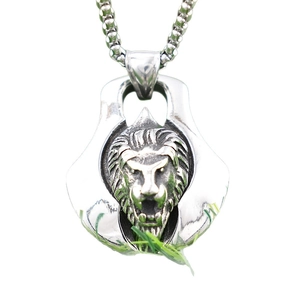 Vintage stainless steel lion head pendant necklace with shield-shaped relief and box chain