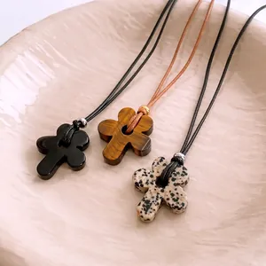 Flower Pendant Necklace Natural Tiger Eye Obsidian Stone Hand Carved Adjustable Wax Cord Vintage Bohemian Jewelry For Women
