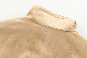 Close-up of the back collar and stitching detail on a khaki suede moto jacket for women