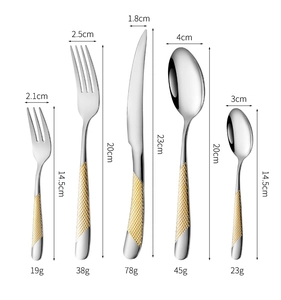 Detailed size and weight chart for luxury gold-plated stainless steel cutlery 5-piece set