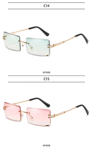 Detail view of rimless gradient sunglasses in green-yellow and pink-yellow with gold temples